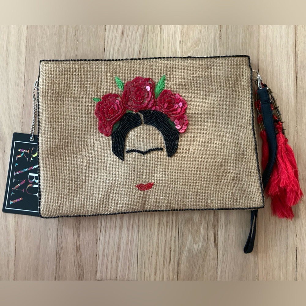 3‎ in 1 Handmade Burlap Frida Kahlo Embroidery Crossbody Wristlet Clutch Latina